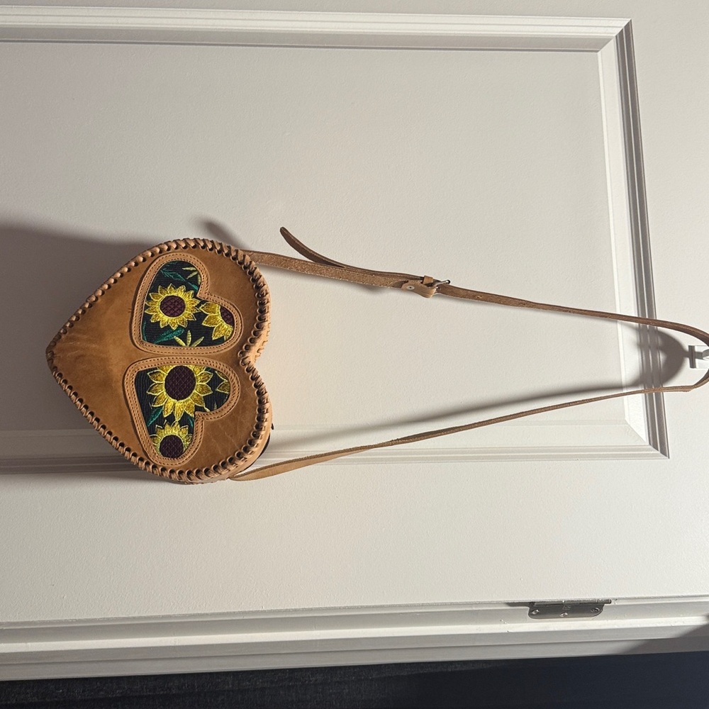 Heart-Shaped Tan Leather Bag with Sunflower Embroidery